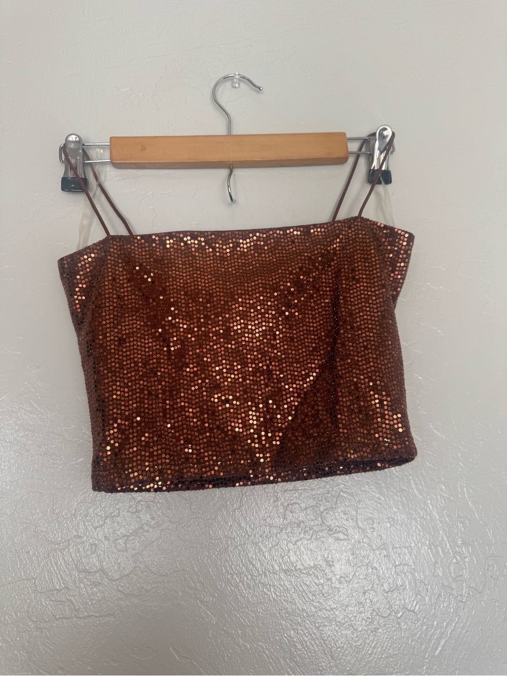 Windsor Copper Sequin Spaghetti-Strap Crop Top